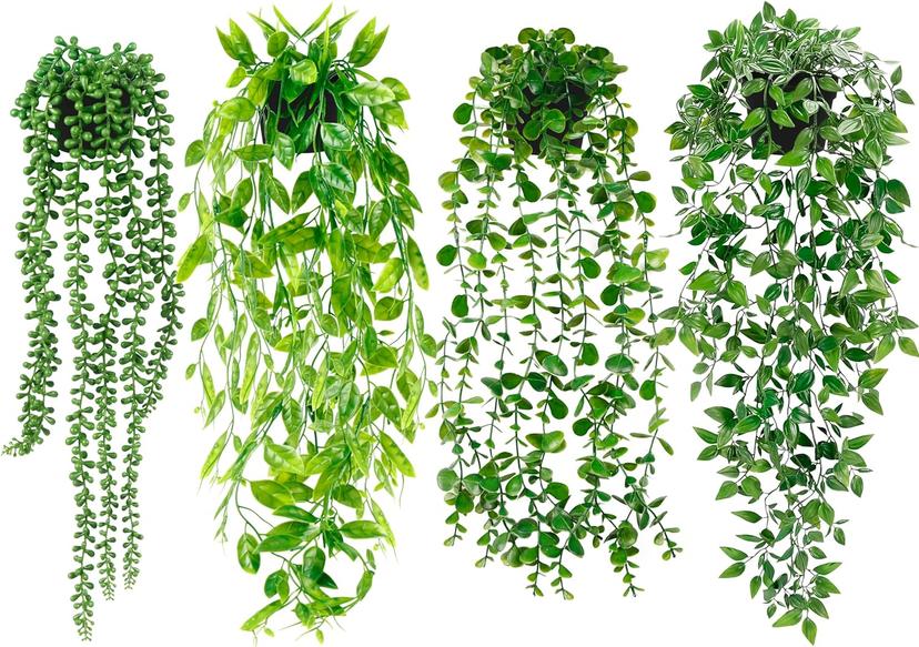 Artificial Hanging Plants for Shelf, 4 Pack Fake Potted Greenery Faux Eucalyptus Vine, Mandala Vine, String of Pearls,Pea pod Leaves in Pot for Office Living Room Bathroom Indoor Outdoor Décor