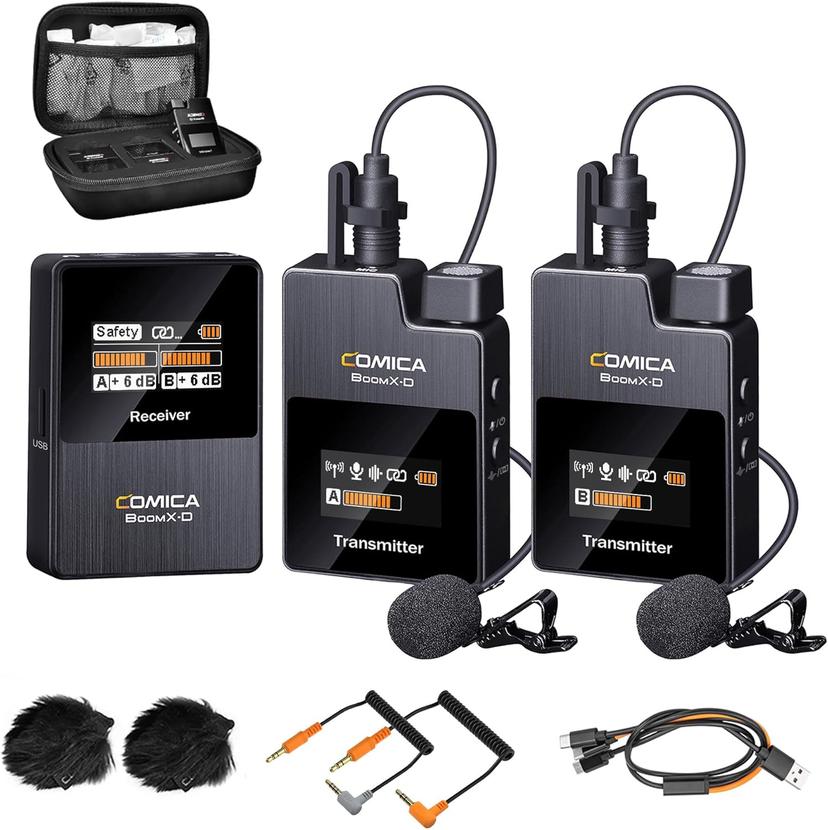 Comica Wireless Lavalier Microphone, BoomX-D2 2.4G Compact Wireless Lapel Microphone System with 2 Transmitter and 1 Receiver